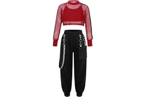 Freebily Conjuntos Deportivos 3Pcs Niña Crop Top de malla de Manga larga+Chaleco+Pantalones con cadena de metal Ropa Casual Hip Hop