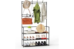 Tienily 3 Tiers Shelf 8 Hooks Shoe Racks Shoe Storage Organiser, Coat Stand with Shoe Storage Matte Steel Frame Hat for Storage, Black