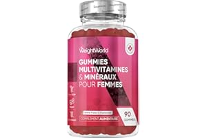 WEIGHTWORLD Multivitamines Femme Gummies Vegan, Multivitamines et Minéraux, 13 Vitamines et Minéraux Vitamine C D E A B Zinc Iode Acide Hyaluronique Omega 6, 9, 90 Gummies Goût Fraise & Framboise plus d'1 Mois