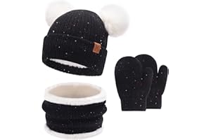 BEQUEMER LADEN Enfants Bébés Hiver Bonnet Gants Tactiles Écharpe Ensemble Bonnet Pompon Moufles Cache-Cou avec Doublure Polaire pour 0-8 Ans Fille Garçon