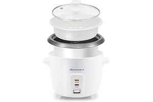 Elite Gourmet ERC-006NST# Cuiseur à riz électrique avec cuve intérieure antiadhésive pour préparation de soupes, plats mijotés et céréales, fonction de maintien au chaud, contenance 1 kg, blanc