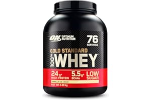 Optimum Nutrition Gold Standard 100% Whey, Koncentrat Białka Serwatkowego, Izolat i Hydrolizat Serwatki, Aminokwasy BCAA, Glutamina, Wzrost i Naprawa Mięśni, Smak Lody Waniliowe, 76 porcji, 2,28 kg