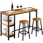 Blishom Bar Set, Set of 3 Pieces Consisting of High Top and 2 Stools, Kitchen Unit with 2 Shelves and Cup Holder, Multifuncti