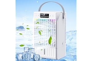 KITMOUS Klimaanlage Mobil,4-in-1 Mobiles klimagerät Tragbare Mini Luftkühler,4 Windgeschwindigkeiten 1500ml Wassertank 7 Farben Licht 2 Sprühfunktion, 2-6H Timer, für Schlafzimmer Büro