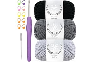 NISSARY Chenille Yarn for Crochet - Soft Plush Velvet Yarn 3x50g with 5mm Hook,Thick Fluffy Wool for Crochet Blanket Making Chunky Wool -Ideal for Beginners (Black+Grey+Grey)
