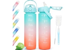 AOPREL 1L Water Bottles BPA Free Sports Drinking Bottle with Straw, Dishwasher Safe Leakproof Motivational Water Bottle with Time Markings, Non-Toxic Canteen Bottle with Handle (Green Gradient)