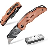 WORKPRO Folding Knife with Wooden Handle and Quick Change | Includes 10 SK5 Blades, Belt Clip, Professional Cutter for Daily