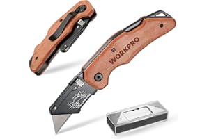 WORKPRO Cutter Utilitaire avec Mécanisme de Changement Rapide, Manche en Bois, Cutter Professionnel Pliant avec 10 Lames SK5 Supplémentaires, Idéal pour Coupe de Cuir, PVC, Papier