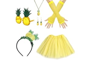UILYNIU 8 Stück Ananas Kostüm Set, Ananas Tiara, Ananas Gläser, Ananas Ohrringe, Ananas Halskette, Netzhandschuhe, Gelber Tutu Rock, Hawaii Outfit Damen für Karneval Party Ananas Geschenke