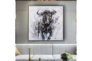 JIANGHU ART Starker Stier Ölgemälde Große Größe Große Abstrakte Leinwand Bild Wandkunst Schwarz Weiß Dekor Wandbild Bürorahmen Poster 70x70cm(28x28in) mit Rahmen