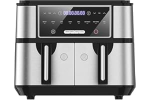 Iceagle Heißluftfritteuse Doppelkammer 9L - 8 Programmen Heissluftfritteuse Doppelt, Airfryer XXL mit 2 Körben, Friteuse Heissluft ohne Öl für 6-10 Personen, Vorheizen&Warmhalten, 2600W