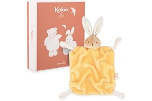 KALOO - Doudou Lapin Jaune 24cm - Doudou Plat Bébé Ultra-Doux - Fourrure de Flanelle Extra Douce - Nœuds avec Fonction Attache-Tétine - Compagnon Câlin et Educatif Dès la Naissance - K214011