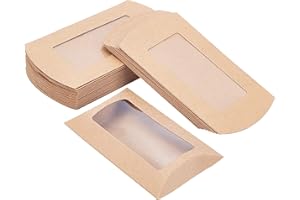 BENECREAT 30 PCS Cajas de Almohada de Papel Kraft Marrón con Ventana Transparente, Caja de Embalaje de Dulces Caja de Regalo para Baby Shower, Fiesta de Cumpleaños y Boda