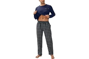 Ekouaer Herren Schlafanzug Lang Pyjama Baumwolle Langarm Shirt mit Tasche Pyjamahose Zweiteilig Set Nachtwäsche