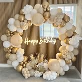 White Gold Balloon Arch Kit, 185pcs White and Gold Sand Balloons Garland with Beige Balloons for Birthday, Party, Baby Shower