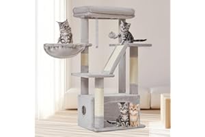 Taoqimiao Tiragraffi per Gatti, 97cm Stabile Albero Tiragraffi per Gattii con 1 Grotte, 1 Cestini, 4 Pali Graffiatoi, 1 piattaforme, Materiale di Flanella Morbida, Grigio Chiaro MS029SW