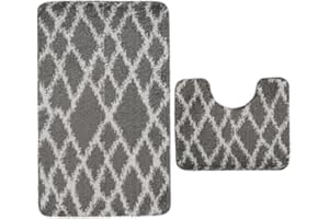 PARADISE PRODUCTS Paradise Bath Mat Set - Bath Mats 2 Piece Set- Soft Plush Anti-Slip Rugs - Bathroom Carpet Essentials - Bathroom Mat Quick Dry - Washable Mats - (Greyy, 80 x 50 cm + U Shaped 48 x 48 cm)