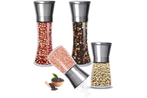 Gucass Zestaw 4 młynków do soli i pieprzu, młynek do przypraw z regulowanym ceramicznym mechanizmem mielącym, młynek do pieprzu i do chili, ręczny młynek do soli i pieprzu, do różnych przypraw