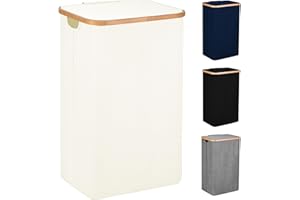 SG Traders 100L Laundry Hamper with Lid - Large Hampers for Laundry with Handles - Laundry Baskets with Lid for Bedrooms - Bamboo Bathroom Tall Laundry Bin (Beige)