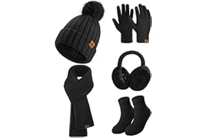 Niwicee Wintermütze Damen Fleece Gefütterte Handschuhe Damen Wärmer Lange Strickmütze Schal Warm Beanie Mütze Ohrenschützer Schal Handschuhe Socken-5 Stück Set Gestrickte Winter Geschenk