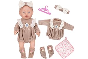 CARREUTY 5Pcs Baby Doll Clothes for 12-18inch Doll 30-45cm Baby Doll, Light Brown Daisy Knitted Bodysuit Lace ruffles with Headwear Socks Hanger Square Scarf for Kids Friends Girl Birthday Cartoon 33cm Clothes