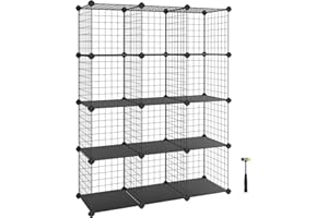 SONGMICS 12-Cube Wire Grid Storage Rack, Interlocking Shelving Unit with Metal Mesh Shelves and PP Plastic Sheets, for Books Shoes Clothes Tools, in Living Room Bathroom, Black LPI34H