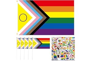 SHOWHEEL Progress Pride Flag, Regenbogen Flagge, Lgbtq Flagge, Regenbogenfahne + 50 Stück Pride Sticker, Gay Pride Flagge, Weatherproof Flag mit 2 Messingösen (150 * 90 cm)