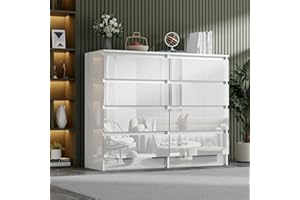LSLIFE Weiße Kommode mit 6/8 Schubladen Hochglanz Schlafzimmerschrank Nachttisch Sideboard Stauraum Möbel für Wohnzimmer Büro Flur (8 Schubladen weiß)