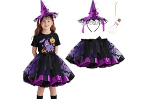 Tankermo Hexenkostüm Kinder mit Hexenhut-Stirnband,Halloween Kostüm Mädchen Hexe Tutu Rock Hexen Kostüm Kinder,4-9 Jahre Witch Costume Hut Hexen Haarreif Hexenkleid für Halloween Fasching Karneval