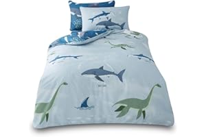 VELVETIO Easy Care Single Kids Duvet Cover Set with Pillowcase, Boys & Girls Dinosaur Printed Bedding Bedset, Breathable Polycotton Shark Comforter Quilt, Blue
