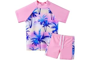 ZNYUNE Fille Maillot de Bain Imprimé 2 Pièces Haut Manches Courtes + Short Enfant Rash Guard Anti-UV Protection Solaire UPF50+