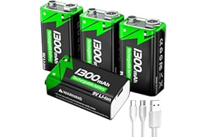 WAEUUKKPO 9 V Rechargeable Battery, 1300 mAh Lithium-Ion Block Batteries with USB-C Fast Charging Cable, Ideal for Smoke Detectors, Fire Detectors, Alarms, Microphone, Multimeter etc. (Pack of 4)