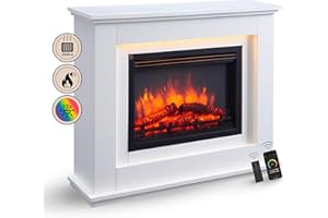 RICHEN camino elettrico Baldur | Caminetto elettrico a pavimento con effetto fiamma 3D | Riscaldamento elettrico 2000 W | Focolare con app, telecomando, timer, termostato | Bianco