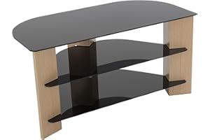 mahara Black Corner TV Stand - Universal TV unit with black glass shelves and oak effect wood legs - Cable management included - UK Design with instructions provided - for upto 42 inch TVs - 90cm