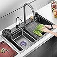 Zolmix® Premium 304 High Grade Stainless Steel Waterfall Kitchen Sink | 30x18x9 Inch | Nano Black | Anti-Scratch Honeycomb Design with Pull-Down Faucet | Modern & Multifunctional Kitchen Sink