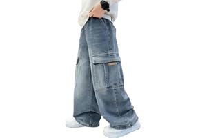 Happy Cherry Boys Baggy Jeans Elastic Waist Cargo Denim Pants with Multi Pockets Y2K Vintage Loose Fit Streetwear Bottoms for Kids 6-13 Years