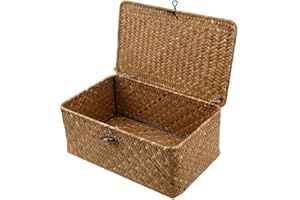 Esoes - Cesta de mimbre de almacenamiento de mimbre tejida con tapas, cestas de lavandería, organizador de maquillaje para baño, sala de estar, cocina, marrón, Large