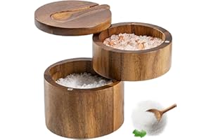 Jorzer Saliera rustica in legno elegante con coperchio rotante magnetico e cucchiaio, costruzione a doppio strato, 8,9 x 8,9 x 10,4 cm