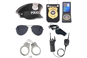ZUCOS Polizei Kostüm Kinder, Polizist Handschellen Sonnenbrille Abzeichen Detective Cop Swat Rollenspiel Zubehör Halloween Party Kostüm
