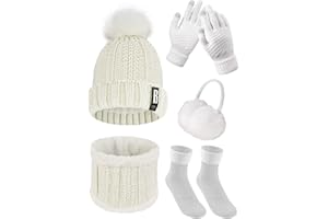 Tuopuda 5 Pièces Ensemble Femme Hiver Bonnet Écharpe Gants Cache-Oreilles Chaussettes Chaude Confortable