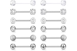 CASSIECA 12Pcs 14G Piercing Capezzolo Piercing Lingua Piercings Lingua Capezzoli Acciaio Chirurgico Argento Barre per Capezzoli Lingua Gioielli per Piercing Barbells Donna 12/14/16/18mm