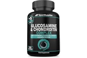 SS SPORT SUPPLIES Glucosamine and Chondroitin High Strength Plus 5 Vitamins - 120 Complex Capsules 1,000mg (Providing 530mg Base) - Chondroitin 200mg - Added Turmeric, Ginger, Black Pepper, Vitamin C, B6, B1, D3 & B12