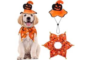 EXPAWLORER Dog Halloween Costume - Holiday Outfit Costume Halloween Dog Collar with Bells Adjustable Witch Hat Clown Cosplay Set Pumpkin Ghost Print for Puppy Cats Small Medium Large Dogs, Orange