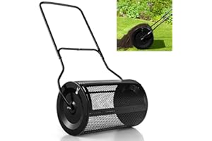 GiantexUK 27’’ Compost Spreader, Peat Moss Seeding Manure Fertiliser Garden Roller with U-shaped Handle & Side Clasps, Heavy Duty Metal Mesh Basket Top Dresser Lawn Spreader, 76L (Black)