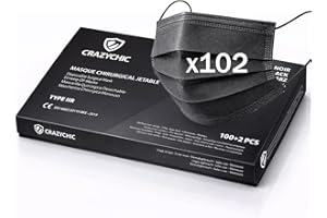 CRAZYCHIC - 100 sztuk medycznych masek chirurgicznych, czarne, certyfikat CE EN14683 typ IIR, maska ochronna BFE> 99%, 3-warstwowe maski - maska jednorazowa SGS