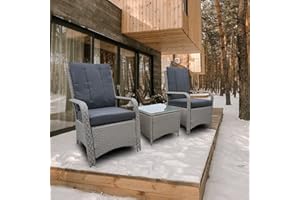 AZRBOPO 3 Pieces Outdoor Rattan Bistro Set, Patio Wicker Balcony Furniture with Steel Frame, Conservatory Set w/ 2 Cushioned Chair, Coffee Table & Cover, Grey