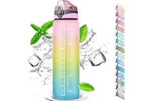 AUCKPURE Gourde Sport 1 Litre, Bouteille d'eau Avec Paille, avec ​Traqueur de Marqueur, Ouvrir en un Clic, Convient Pour la Gym, le Yoga, le Camping, le Cyclisme et la Vie de Famille (Rose Jaune Bleu)
