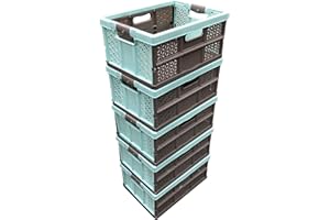 keeeper 5 x 32 Litre Extra Strong Folding Plastic Stacking Storage Crates Box - 30KG LOAD CAPACITY PER BOX - SOFT HANDLES - GREAT VALUE