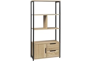 WOLTU Libreria Moderna Design, 58 x 24 x 122 cm, Scaffale per Libri CD, con Cassetti e Ante, in Legno e Metallo, Rovere Chiaro RGB09hei