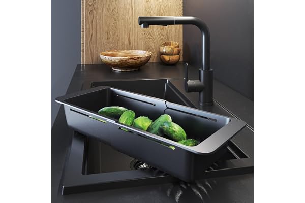 Passoire pour évier pour Fruits et légumes - réglable 32 à 46 cm - Panier à tamis Stable - Passoire en Plastique - Noir - Granitan